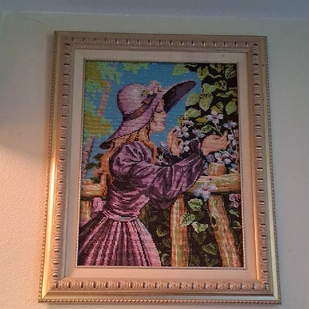 Framed Embroidered Lady in Purple Dress